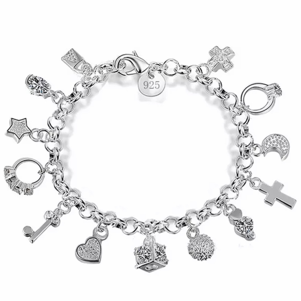 Beautiful 13 Pendant Silver Chain Charm Bracelet!